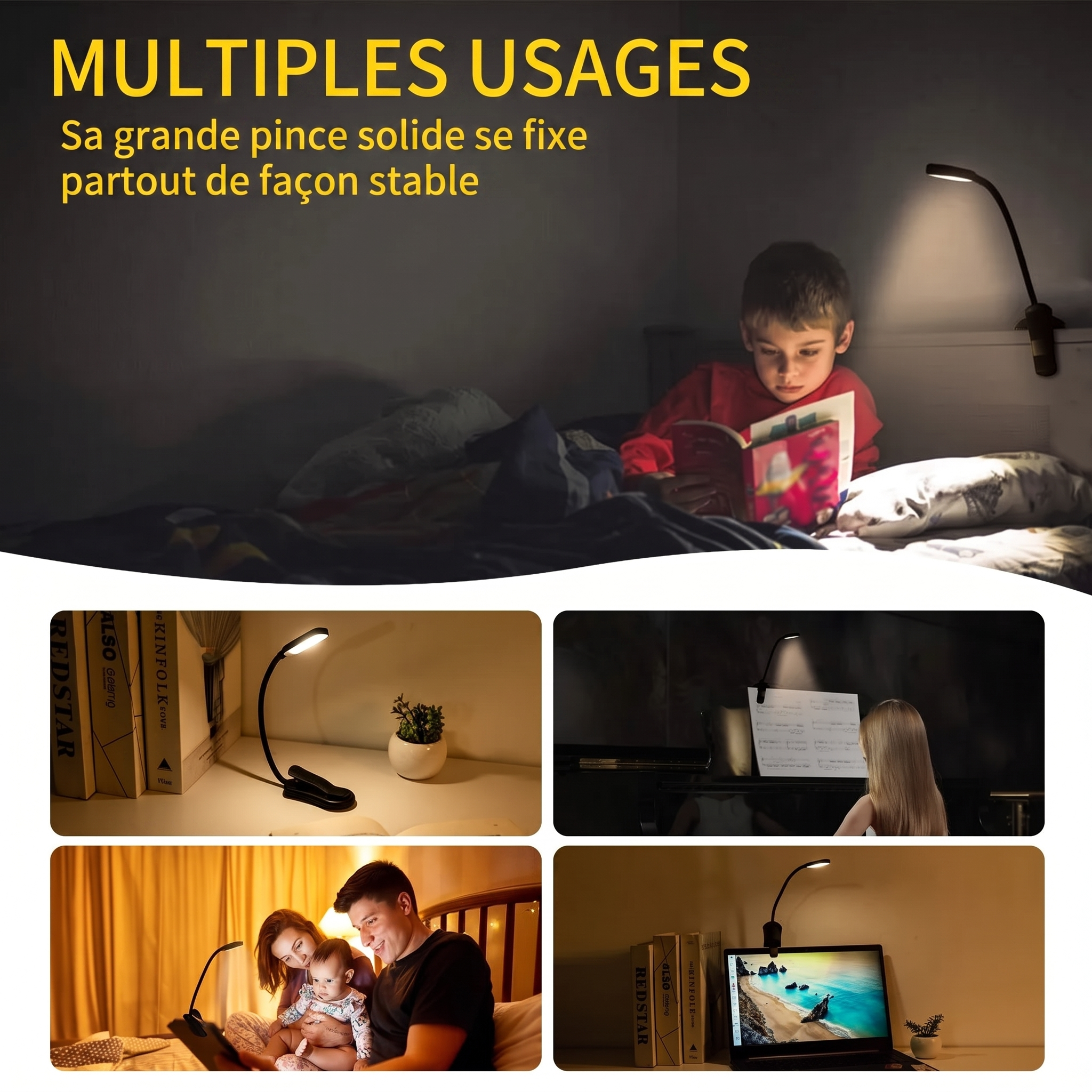 Lampe de lecture à pince Brindille : de multiples usages