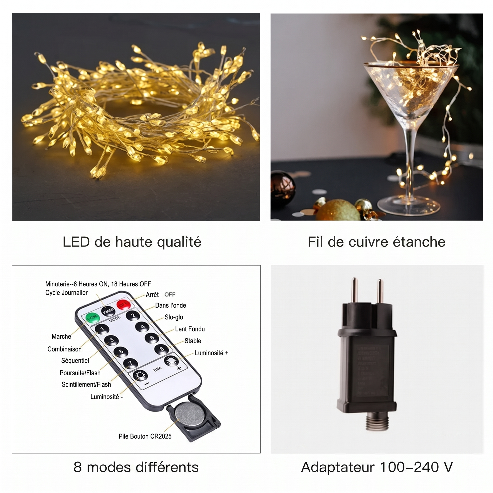 Guirlande lumineuse Étincelle : LED de qualité, fil de cuivre étanche, 8 modes, adaptateur