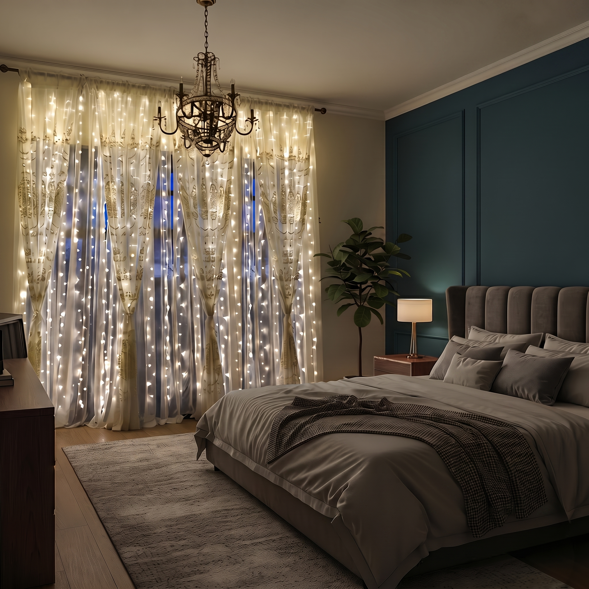 Rideau lumineux Cascade installé dans une chambre pour une ambiance chaleureuse