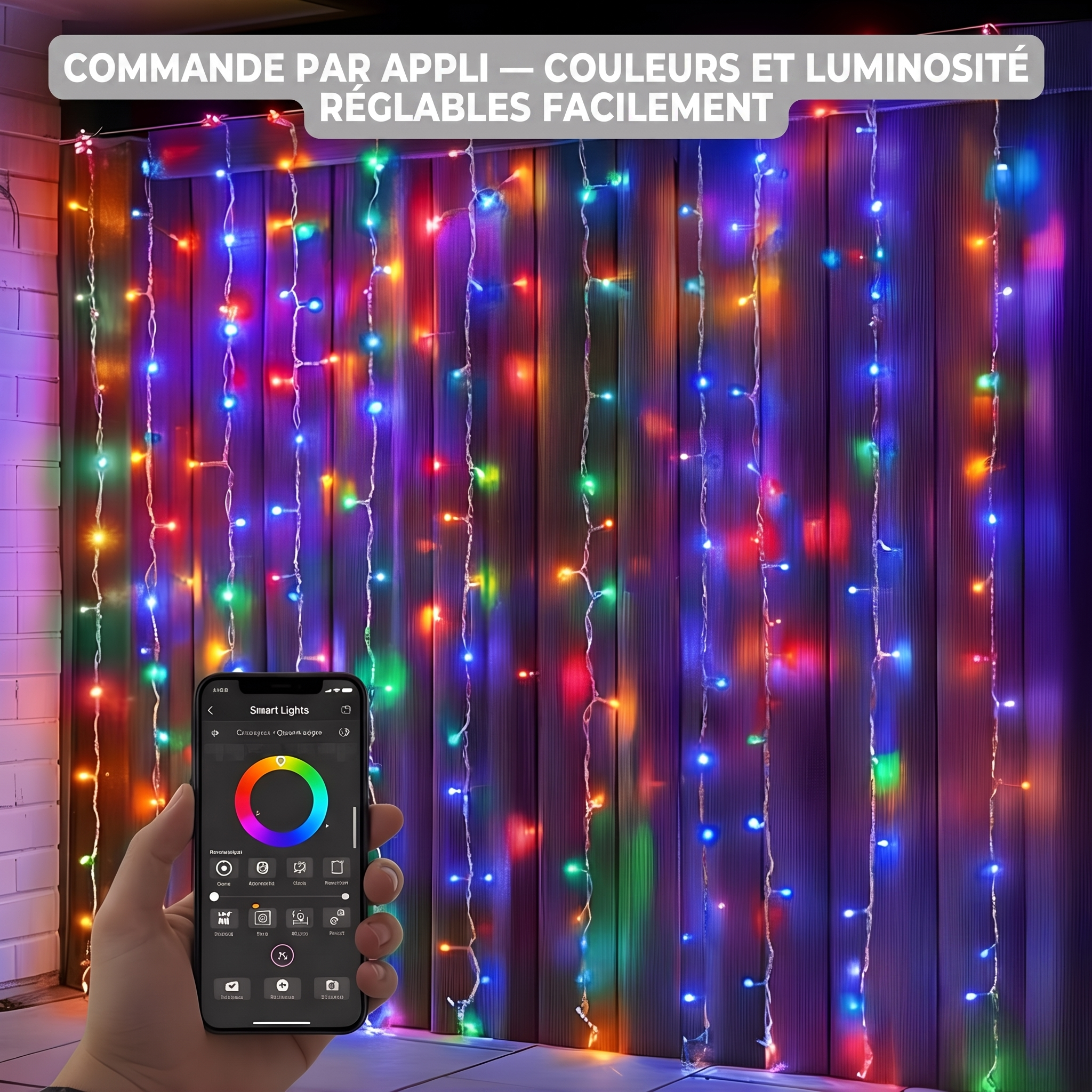 Rideau lumineux LED Cascade multicolore piloté par application