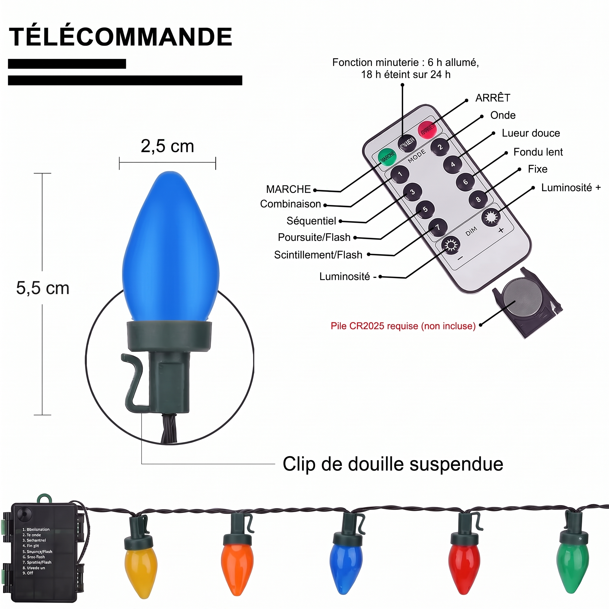 Télécommande et fonctions de la guirlande de Noël Festalia