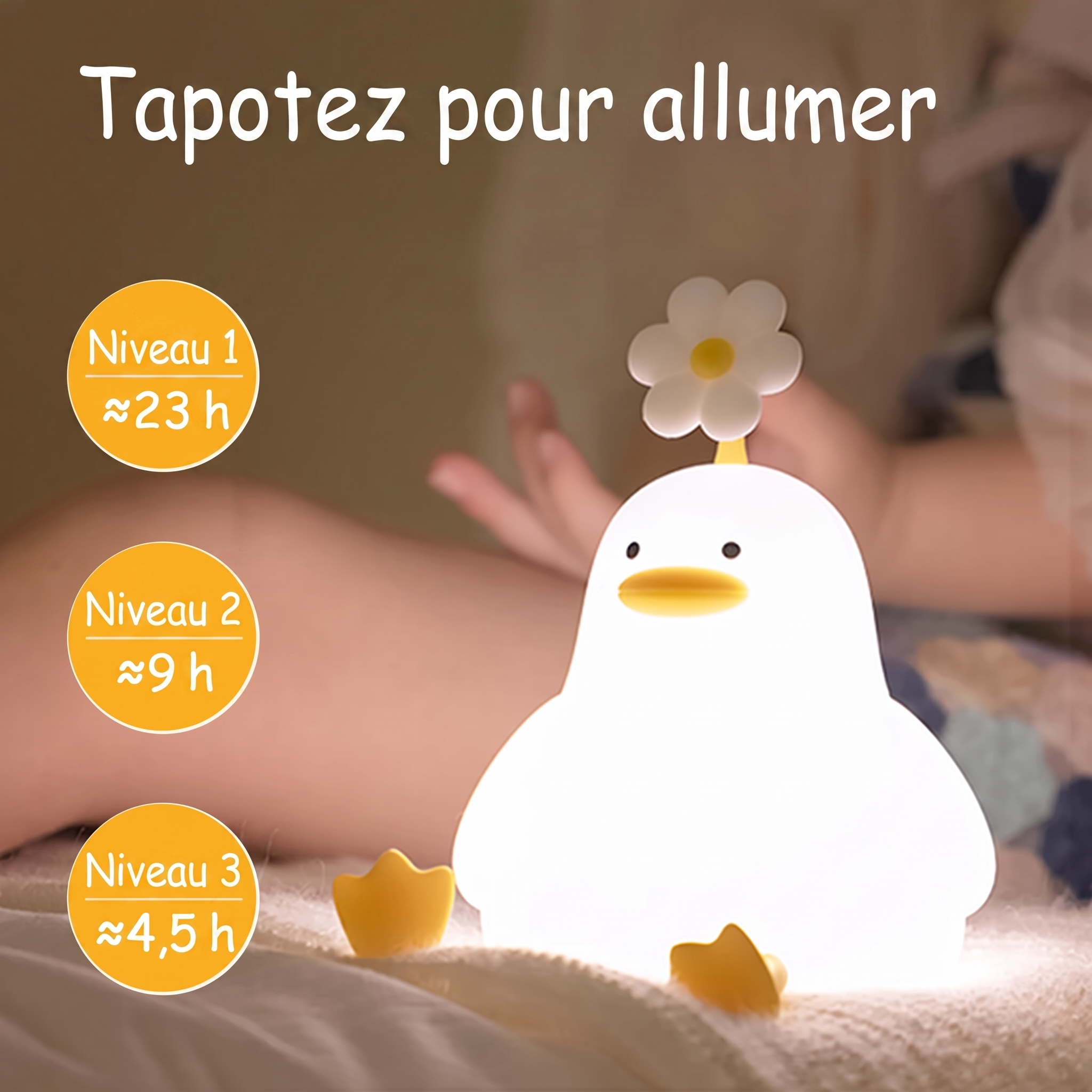 Veilleuse QuackGlow canard, autonomie par niveau