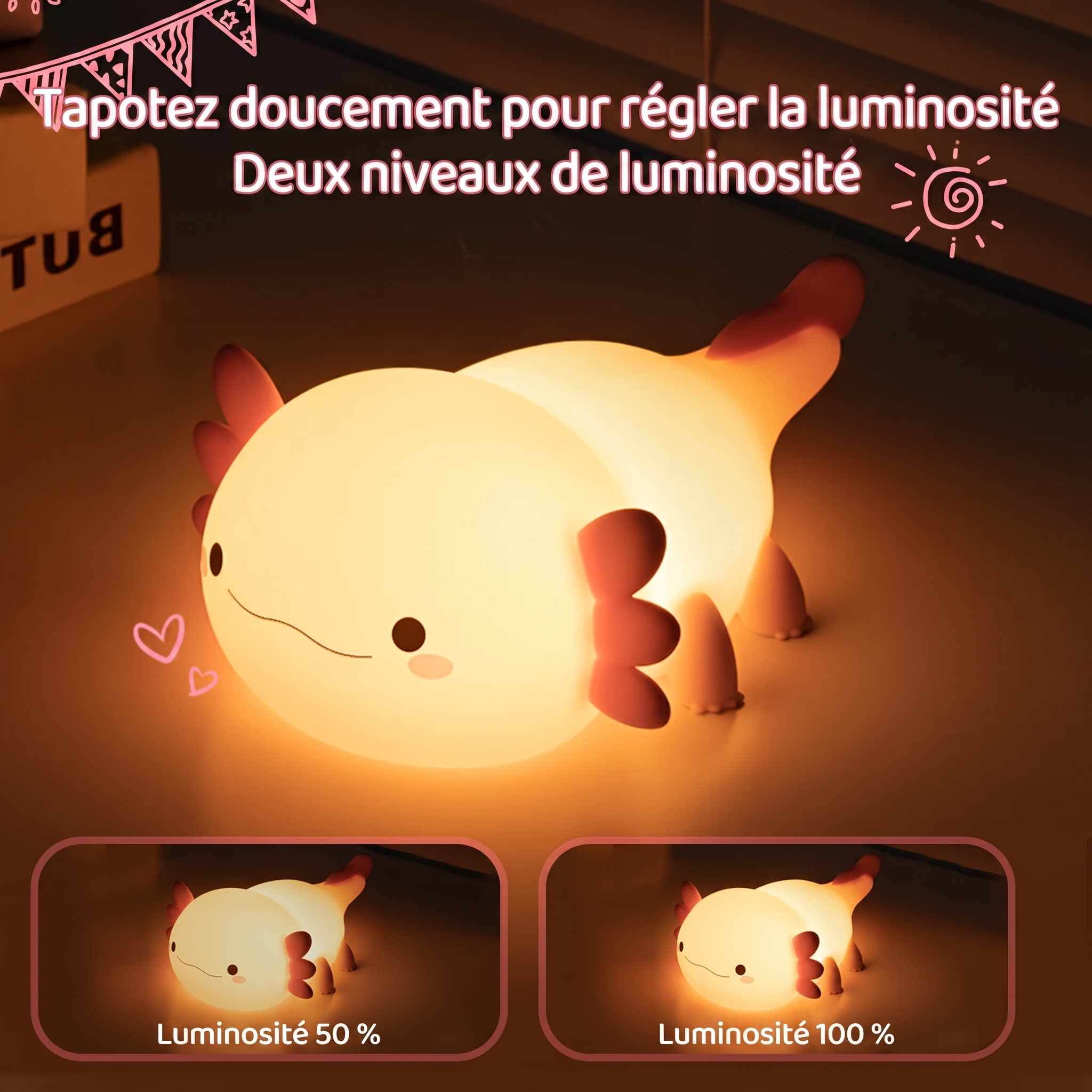 Veilleuse QuackGlow axolotl, réglage de la luminosité
