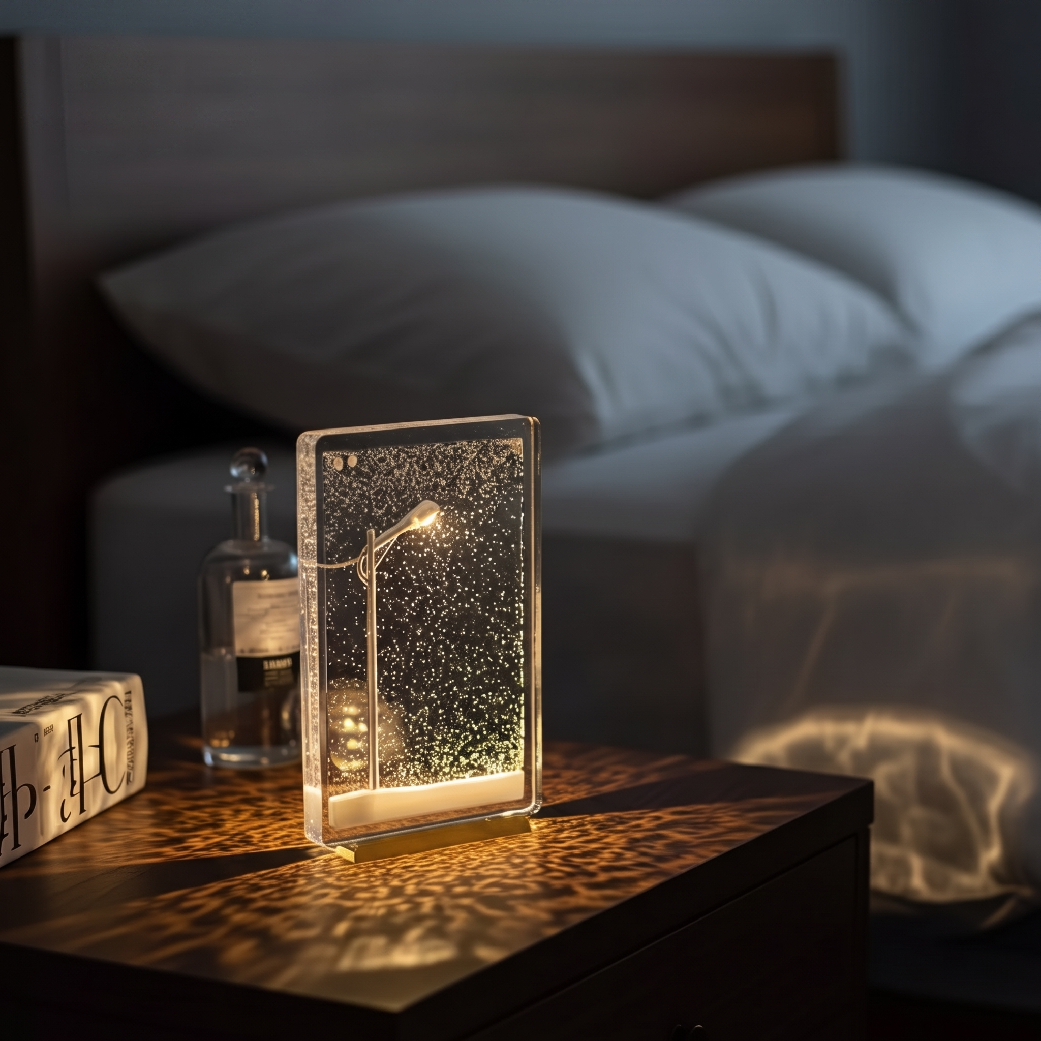 Lampe neige ColdNight sur une table de chevet