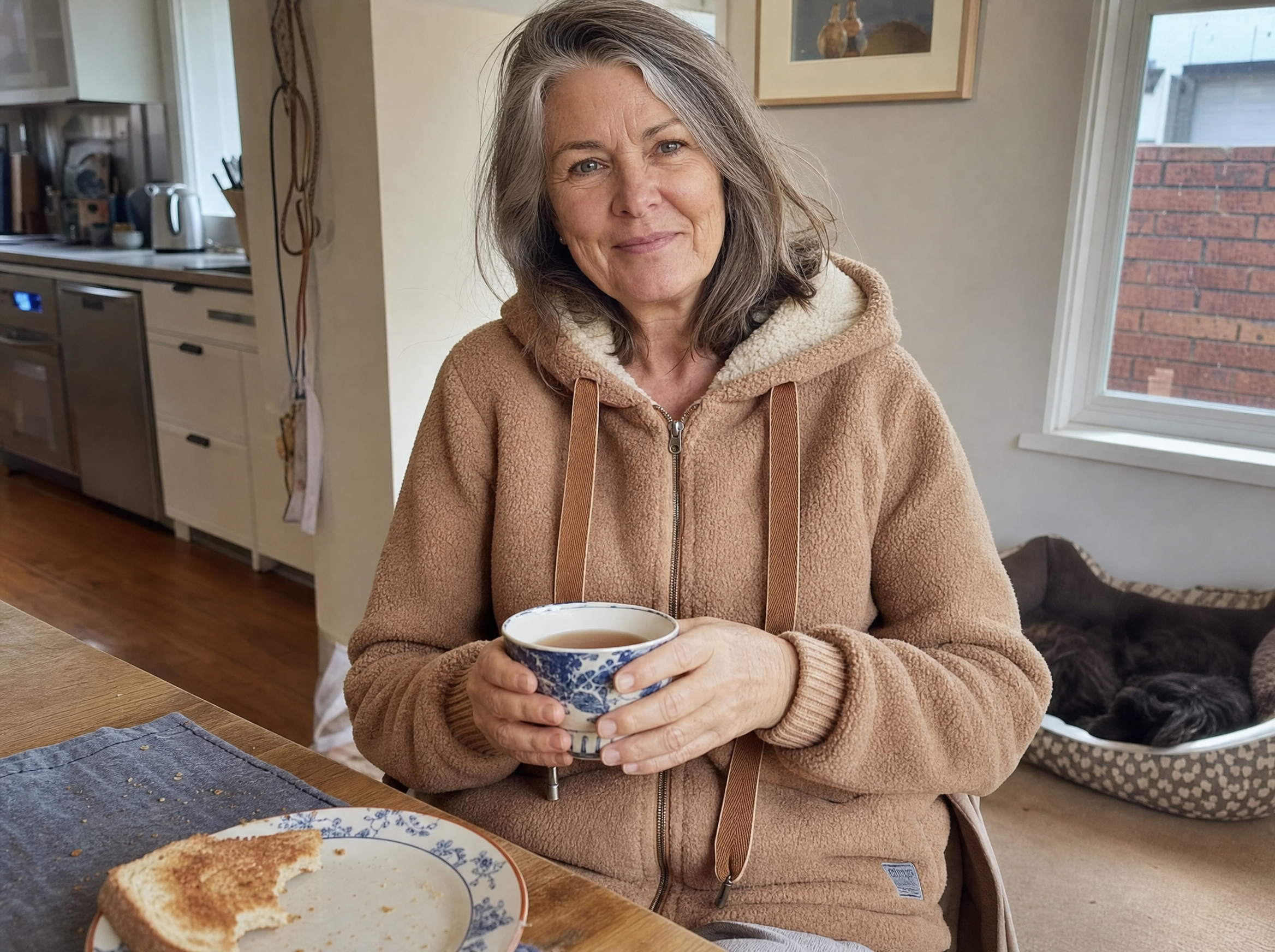 A woman in her sixties at her kitchen table with a cup of tea, wearing the brown Phoebe fleece jacket