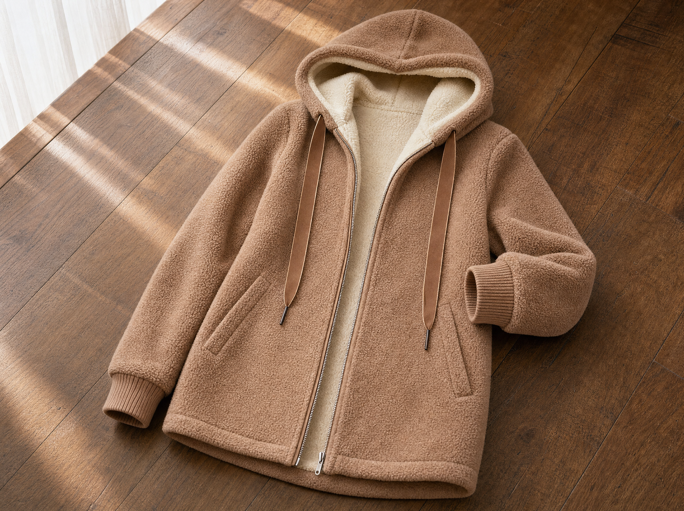 The brown Phoebe fleece jacket laid flat, showing the sherpa lining, metal zip and ribbed cuffs