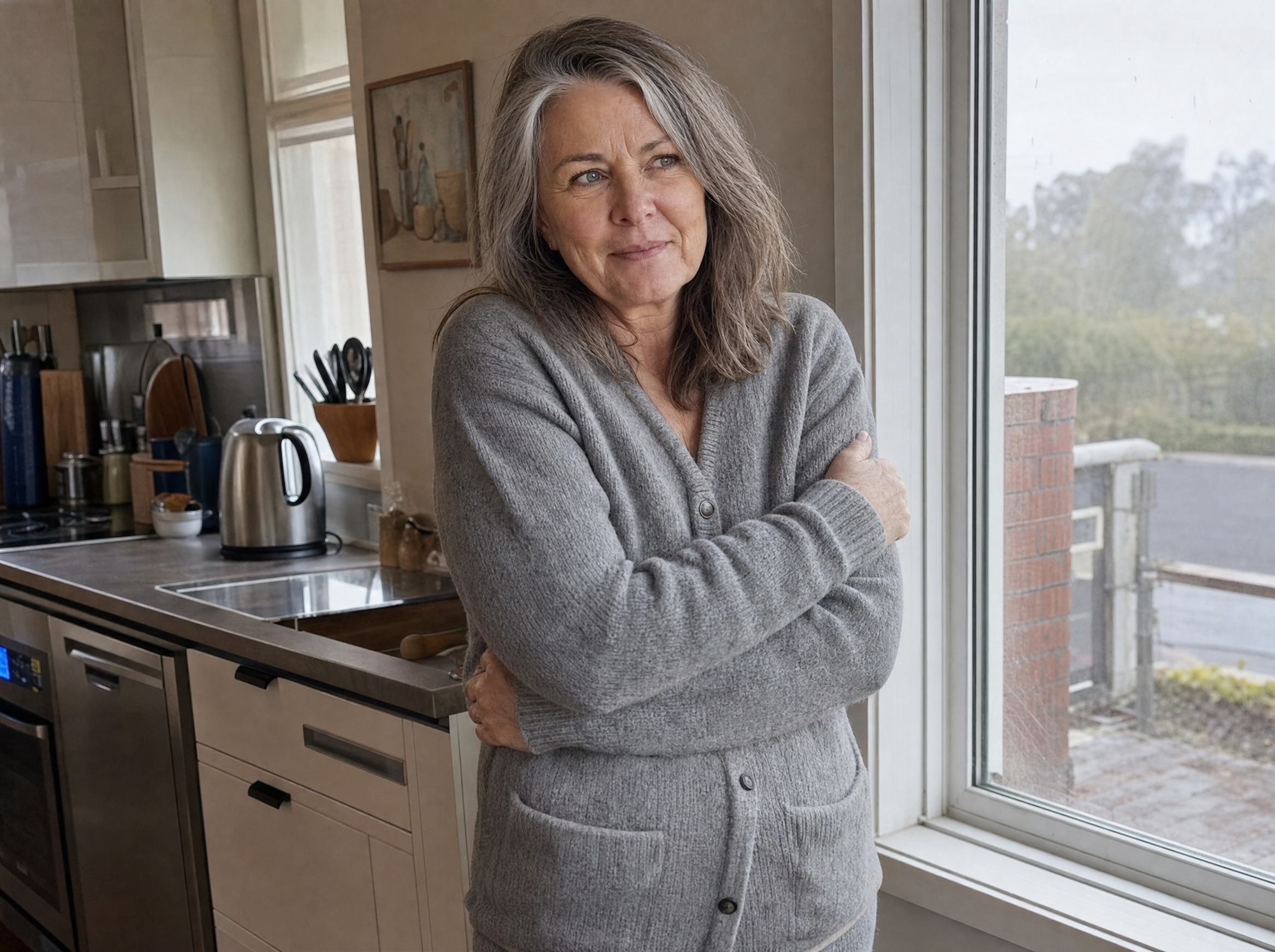 A woman in her sixties hugging a thin cardigan around herself at a cold kitchen window