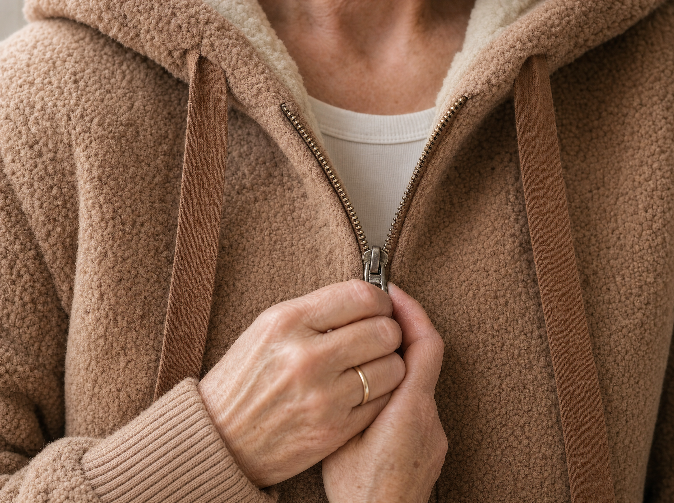 Mature hands pulling up the metal zip of the brown Phoebe fleece jacket