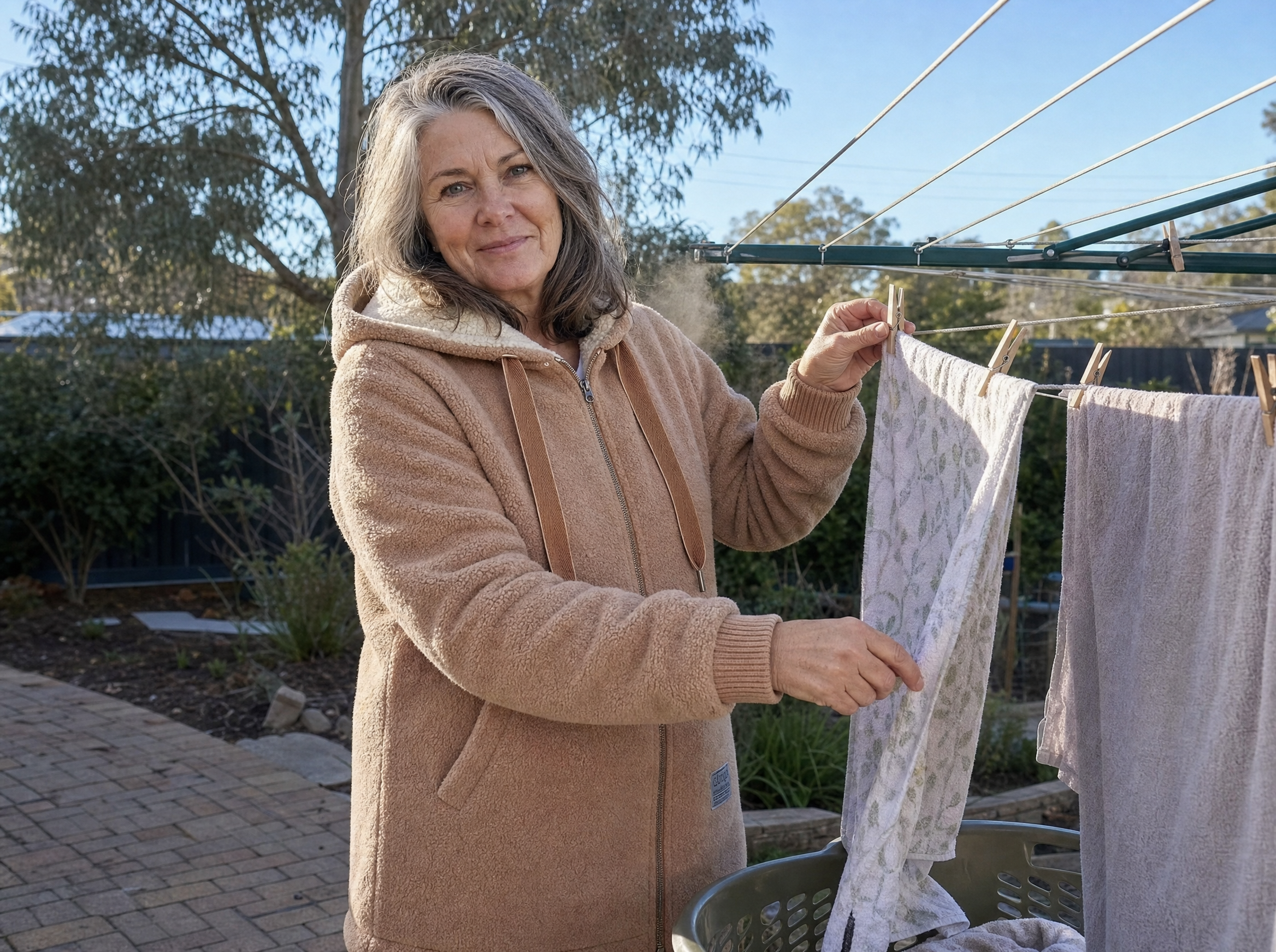 The same woman wearing the brown Phoebe fleece jacket while hanging washing on a winter morning