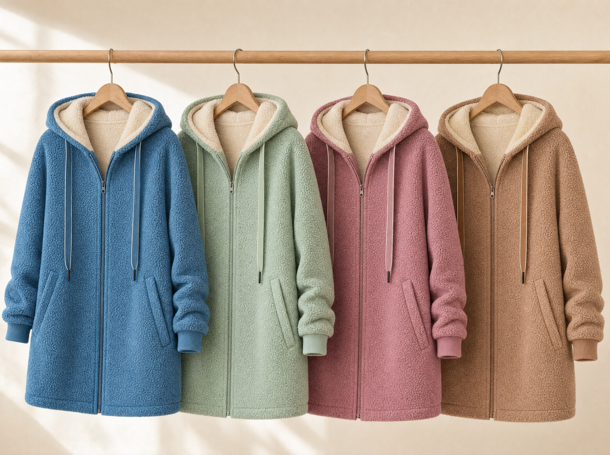 The Phoebe fleece jacket in blue, green, pink and brown hanging side by side