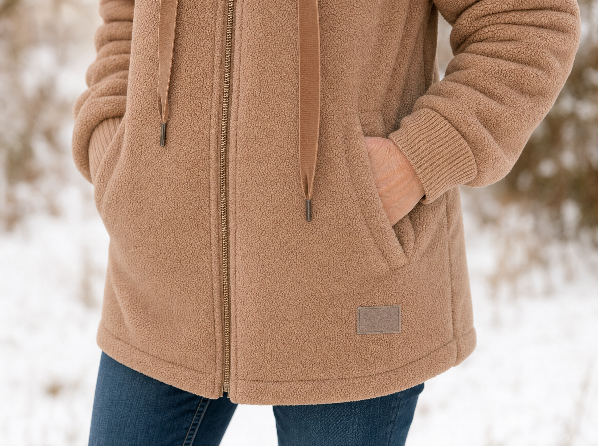 Both hands tucked into the deep front pockets of the brown Phoebe fleece jacket, ribbed cuff at the wrist