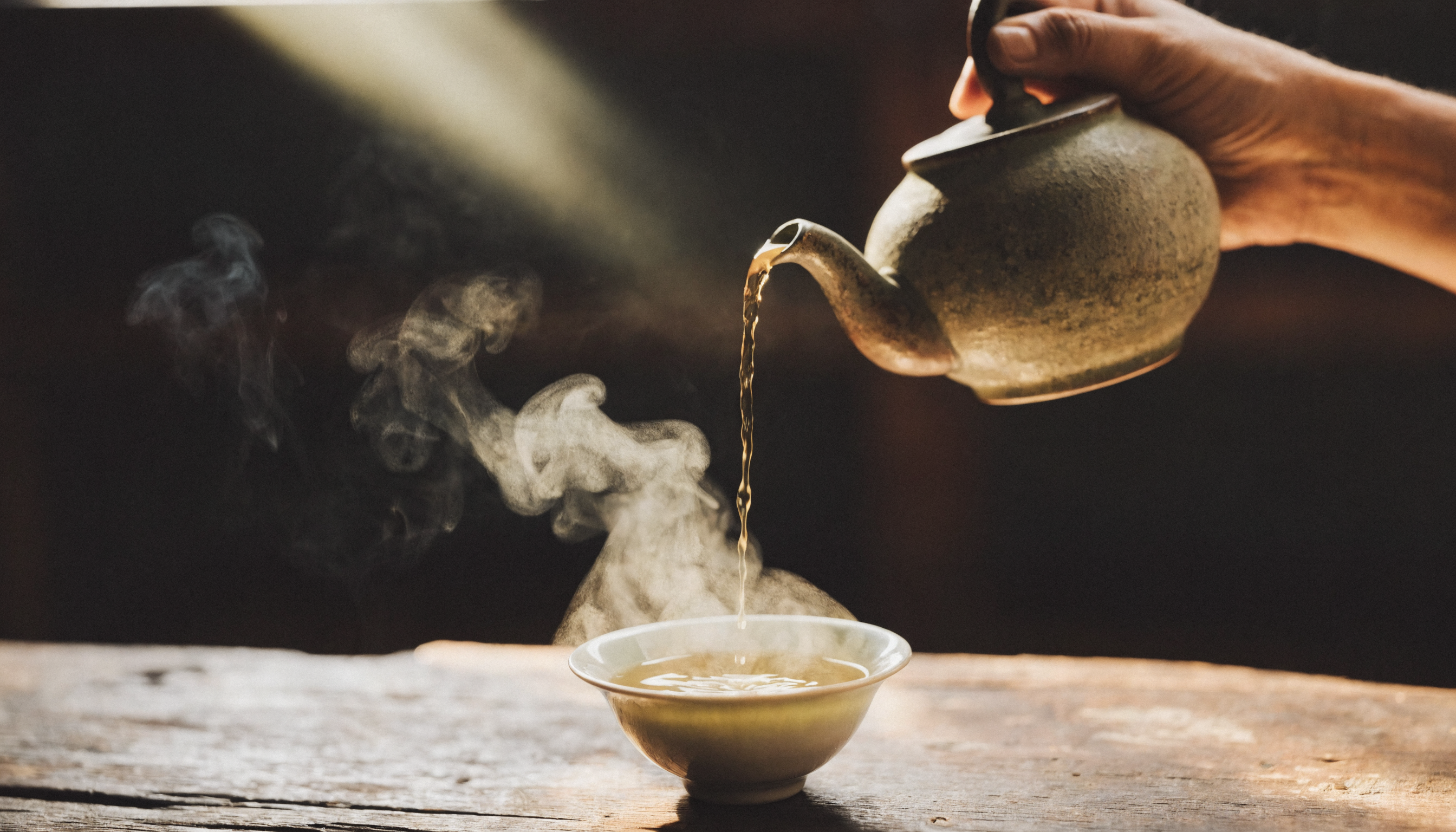 Warm herbal tea being poured into a small ceramic cup