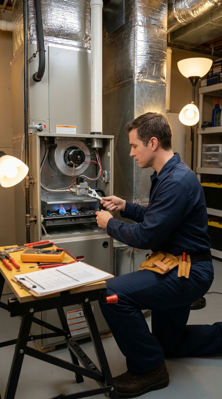 HVAC technician repairing a residential gas furnace