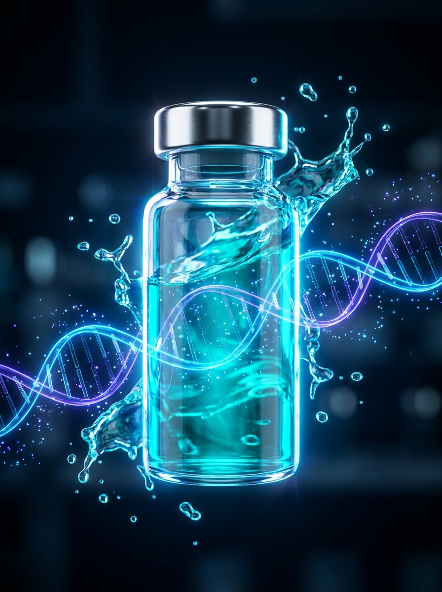 Glowing research peptide vial with energy and molecular strands