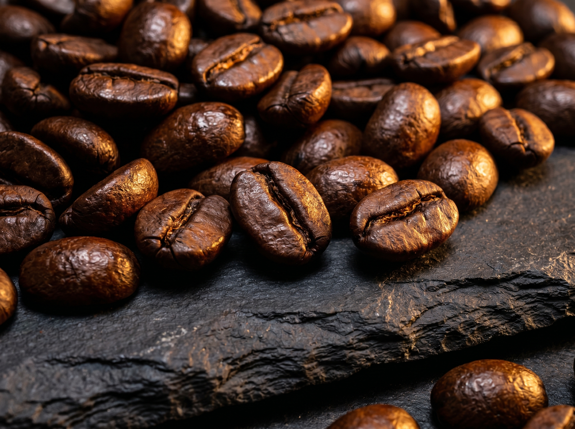 Frisch geröstete, glänzende Kaffeebohnen in warmem Licht