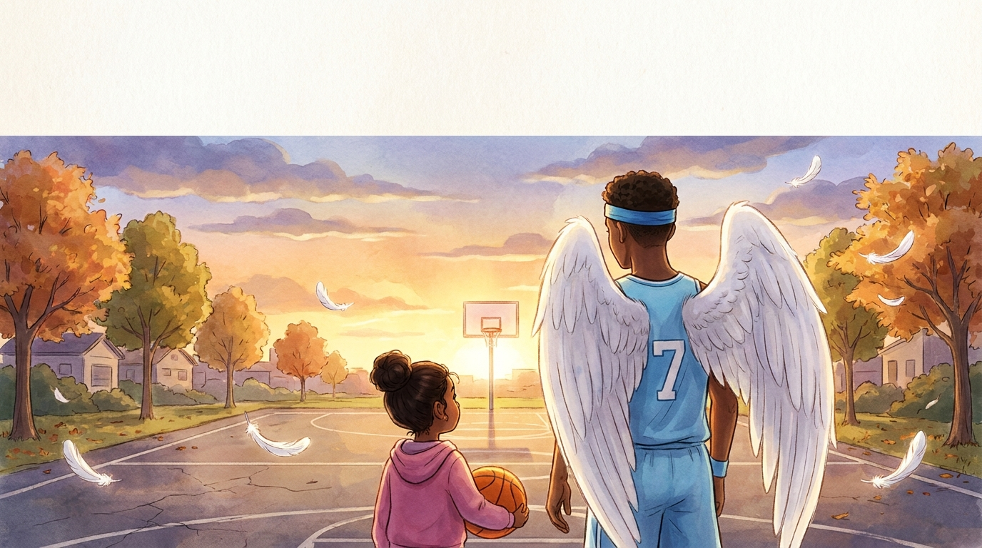 Louisa and her guardian angel look toward the glowing hoop at sunset