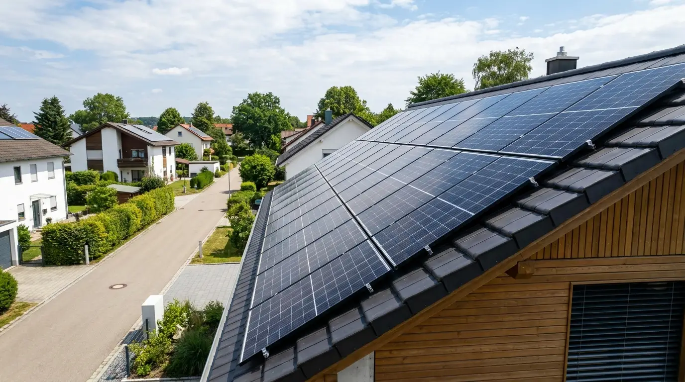Frisch installierte Photovoltaik-Anlage auf dem Ziegeldach eines Einfamilienhauses in einer Wohnsiedlung bei Sommerwetter