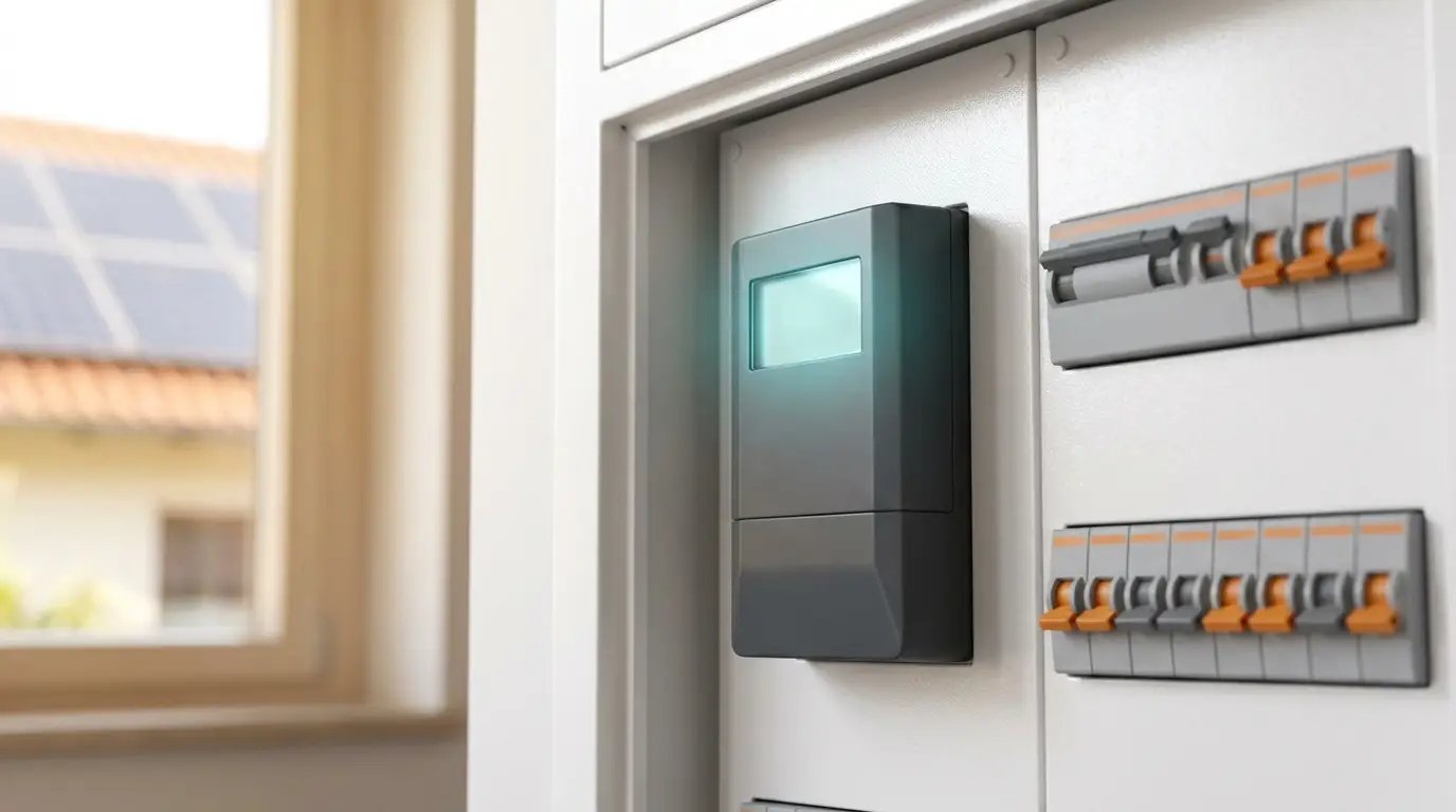 Modernes digitales Smart-Meter im weißen Zählerschrank neben Sicherungsreihen, im Hintergrund angedeutetes Solardach