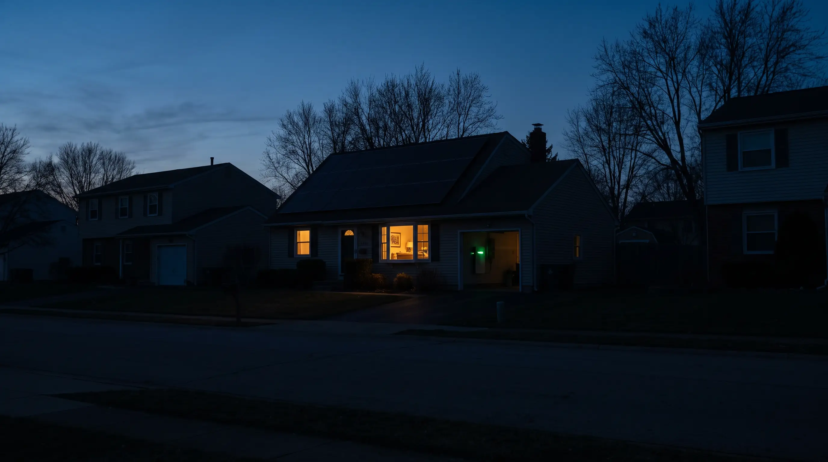 Nächtliche Wohnstraße im Stromausfall — nur ein Haus mit Photovoltaik und Speicher ist beleuchtet