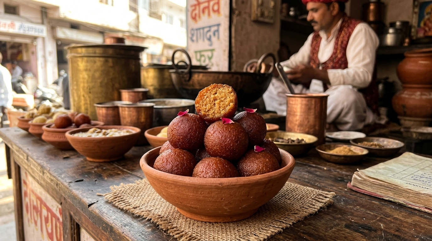 Kheer Mohan served in a traditional clay bowl at a Gangapur City sweet shop