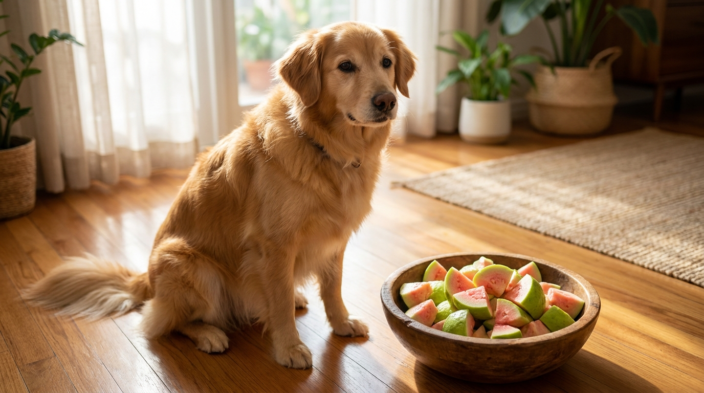 A healthy happy dog beside a bowl of fresh cut guava pieces