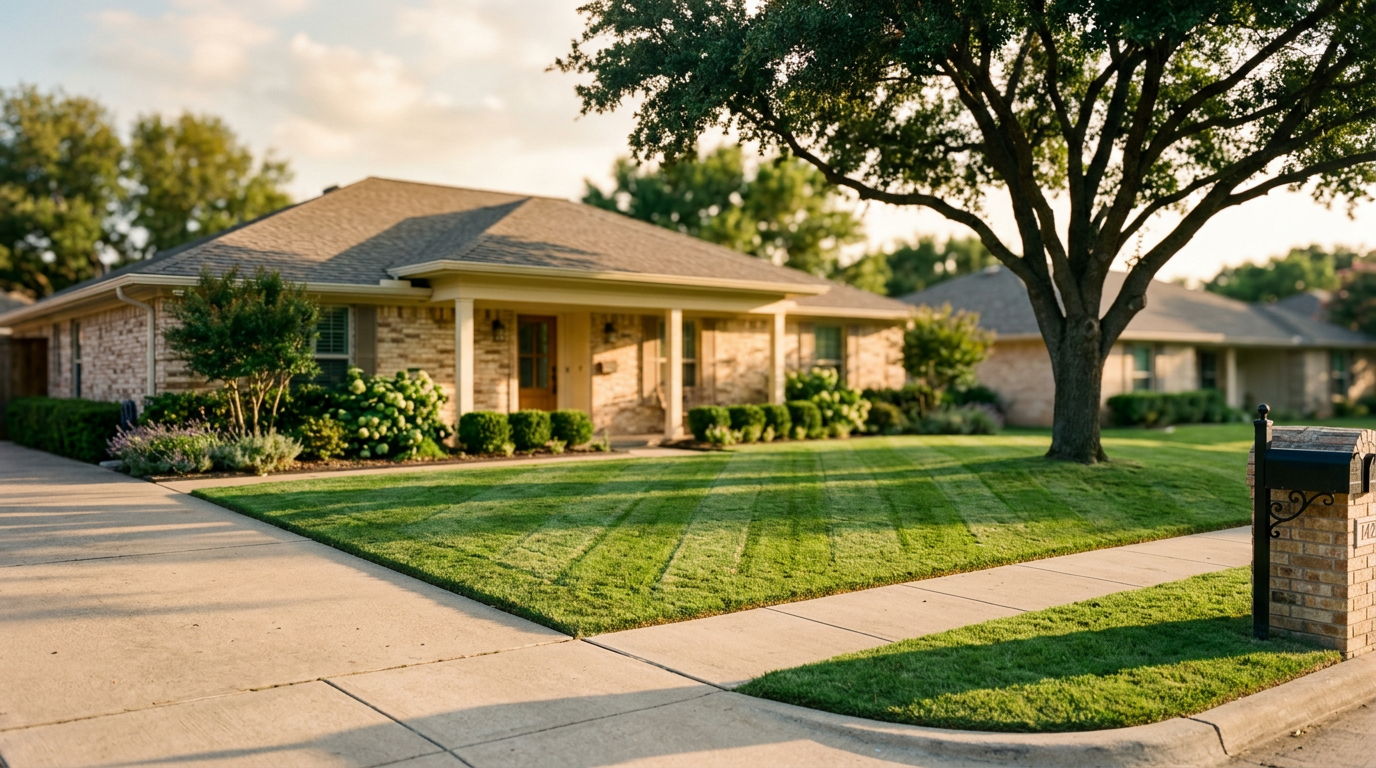 Freshly striped lawn in front of a North Texas home at golden hour