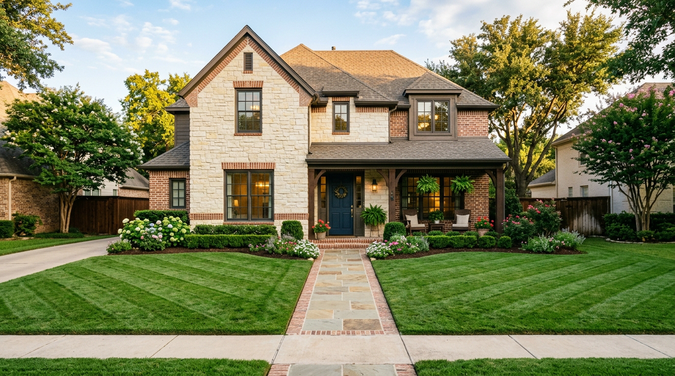 Listing-ready curb appeal — striped lawn, trimmed beds, clean walkway