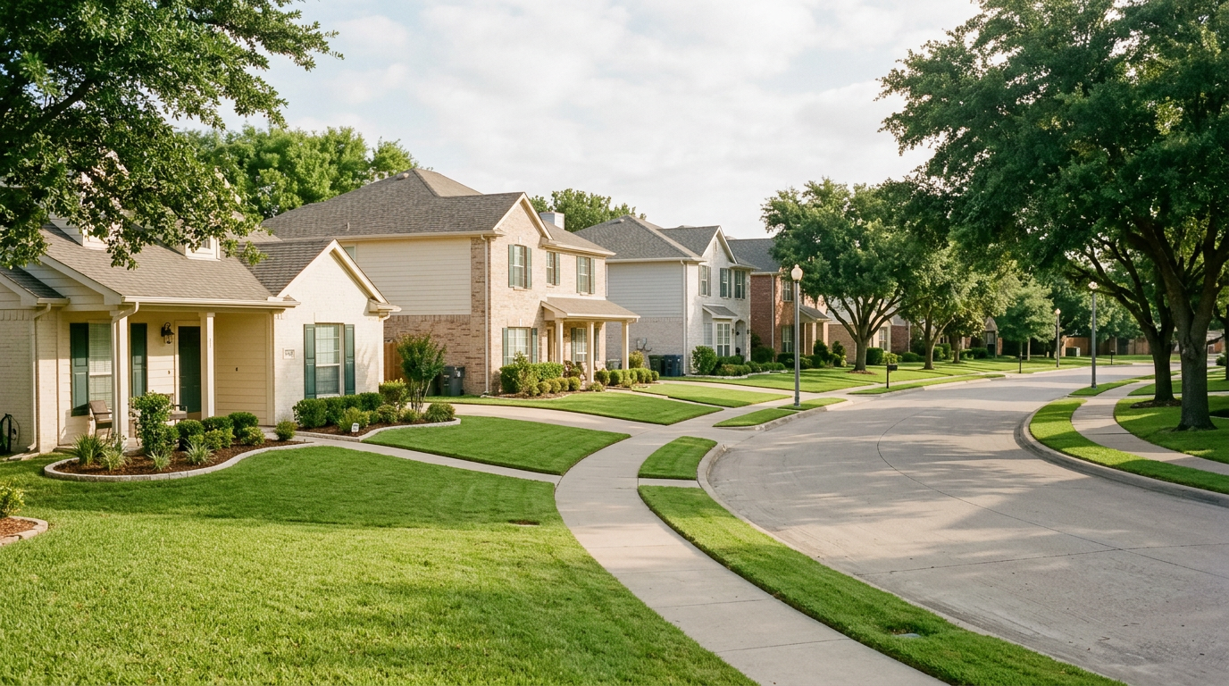 A street of well-kept rental homes with tidy, uniform lawns