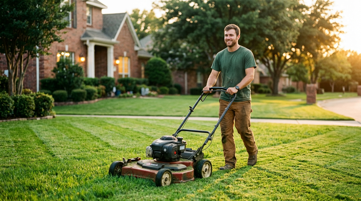 A tend. Pro mowing crisp stripes across a suburban front lawn