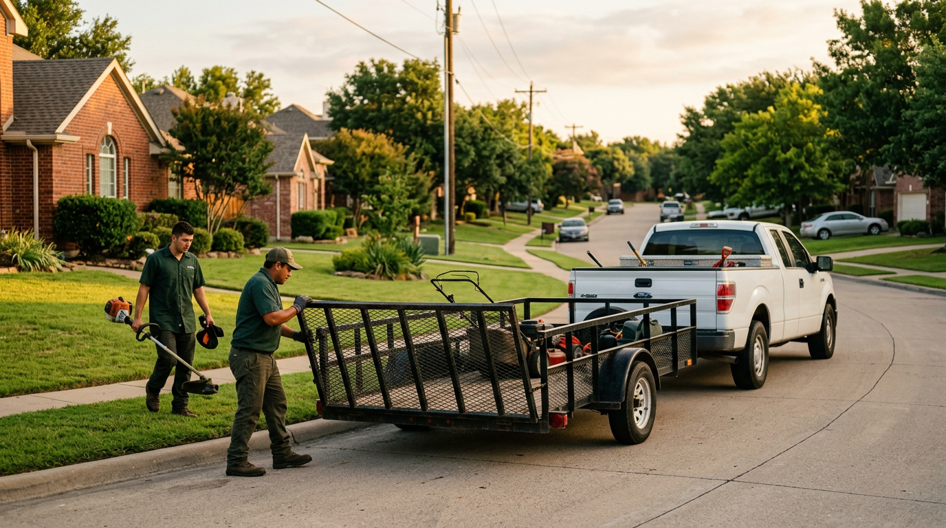 A small crew unloading equipment from their trailer on a quiet street