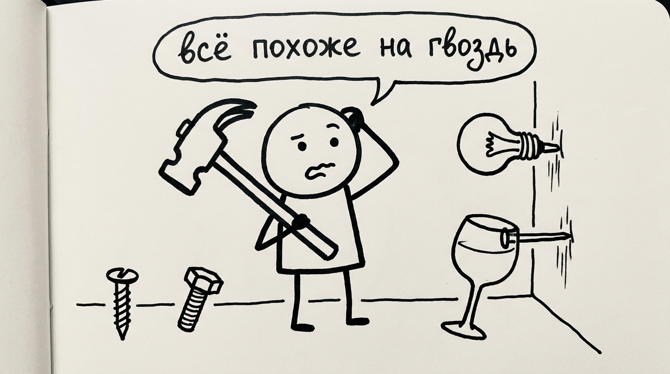 Человек с молотком — для того, у кого есть только молоток, всё похоже на гвоздь
