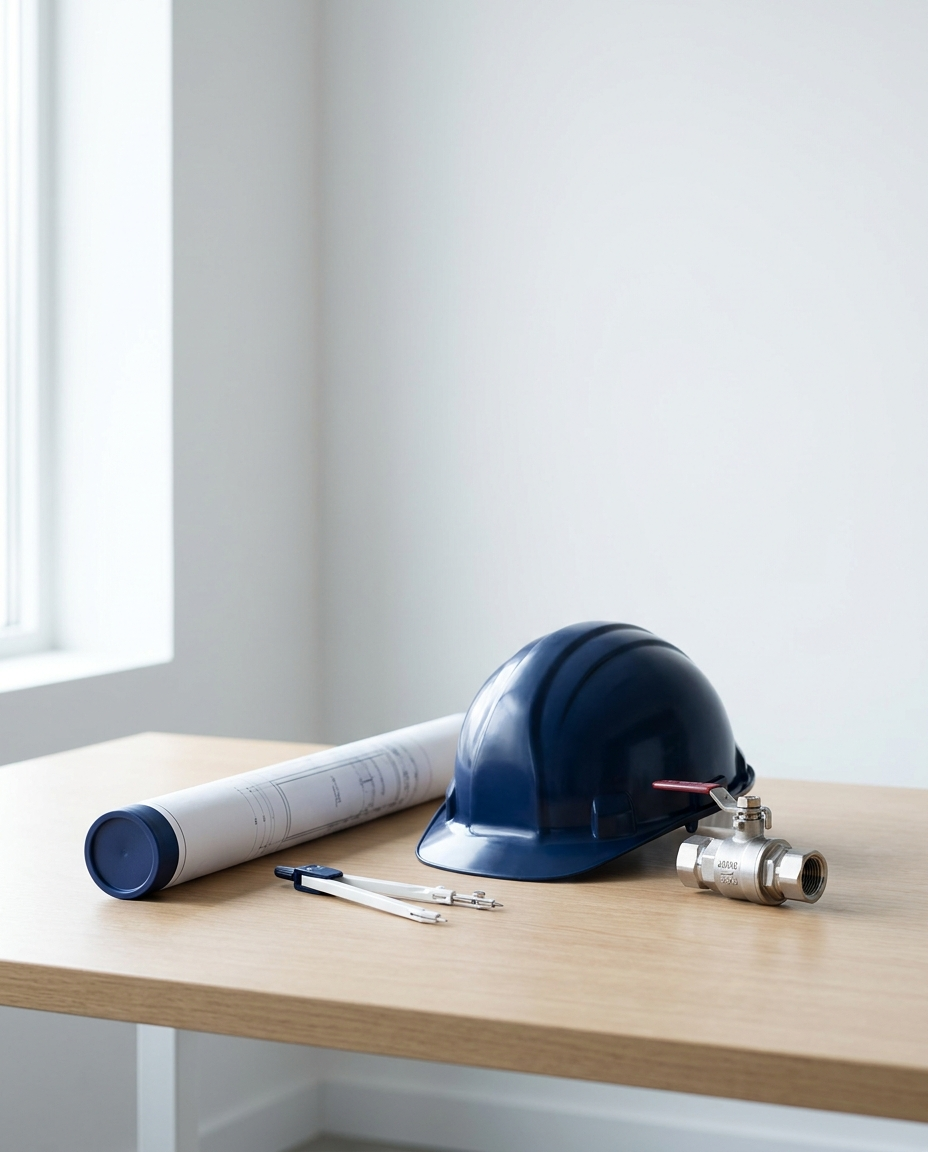 Engineering desk with blueprints