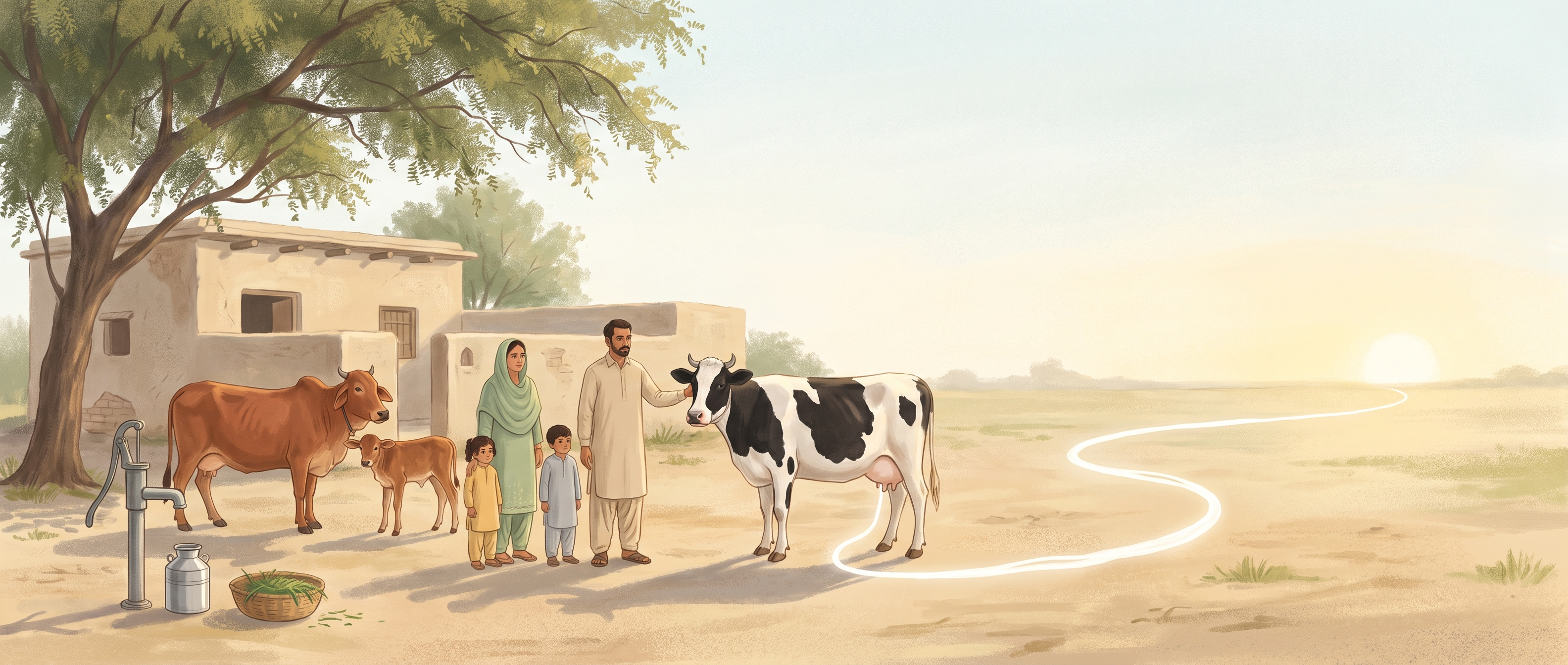 Sunrise in Waryam Wala: a family stands with their cows outside a village home, and a ribbon of milk-light begins to travel across the ground
