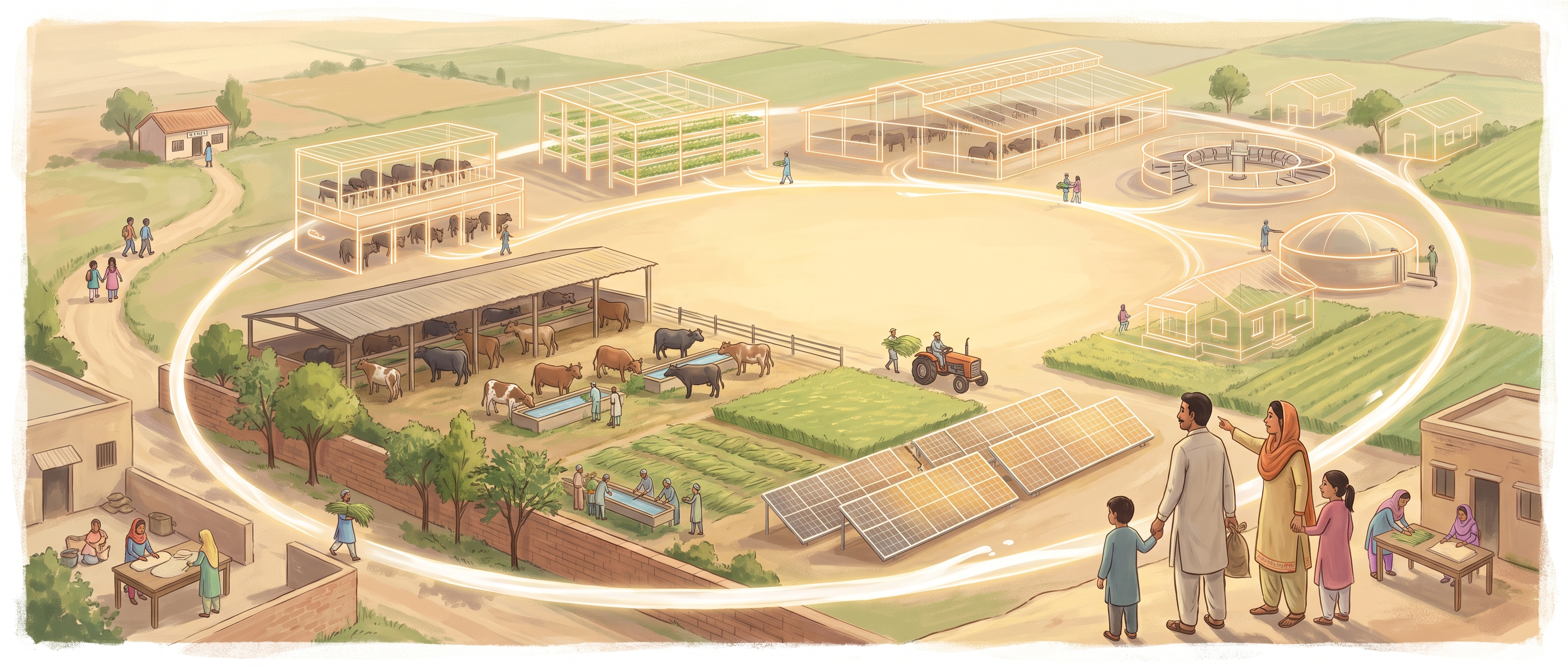 The whole farm at golden hour with future buildings drawn as lines of light, and the ribbon curving right around it to close the loop