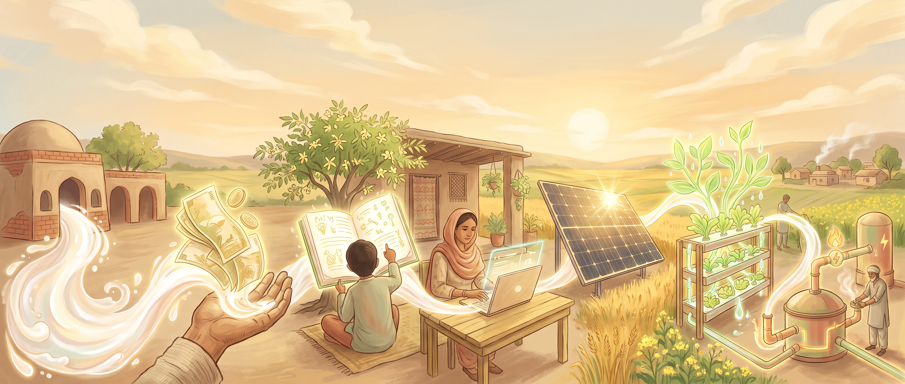 The ribbon of milk transforms as it crosses the village into a wage, a schoolbook, a laptop, a solar panel, green fodder and biogas