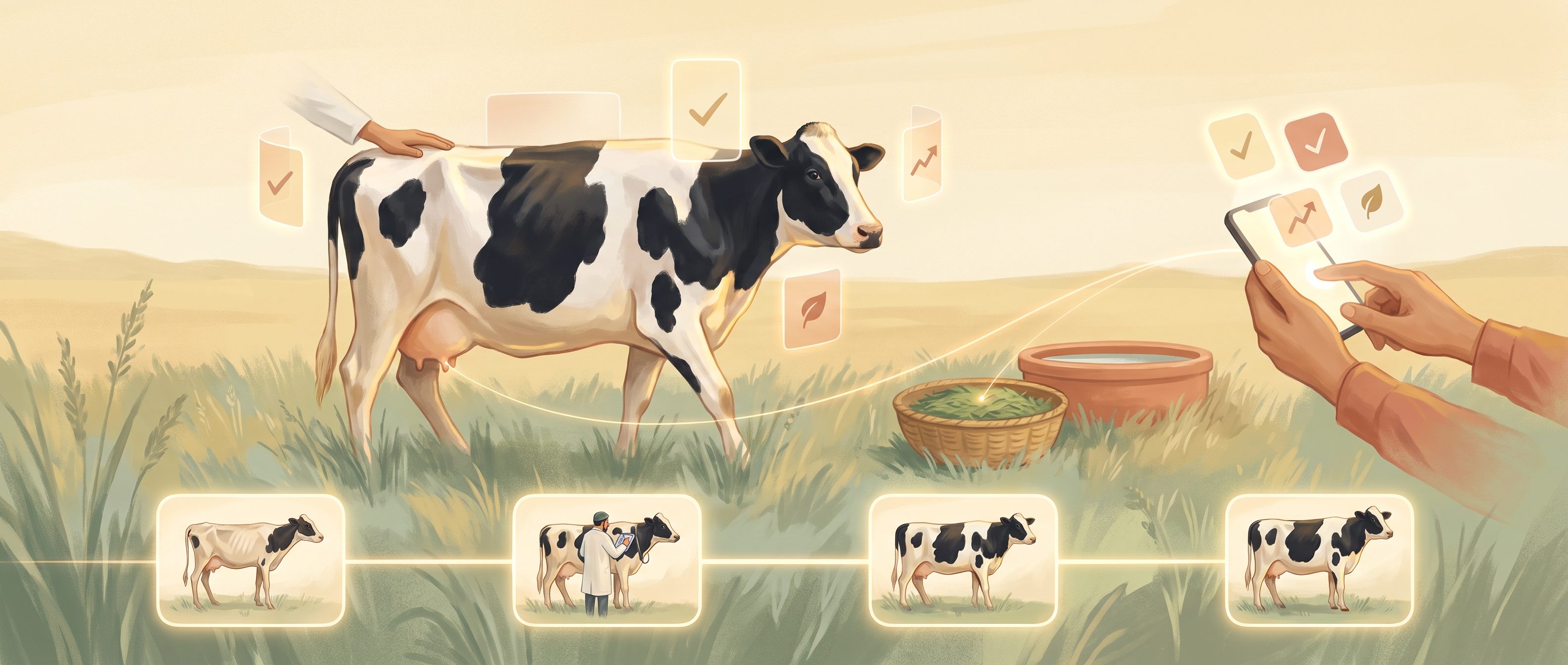 One cow walks with her live record floating around her, mirrored on a partner's phone, above a timeline of her progress
