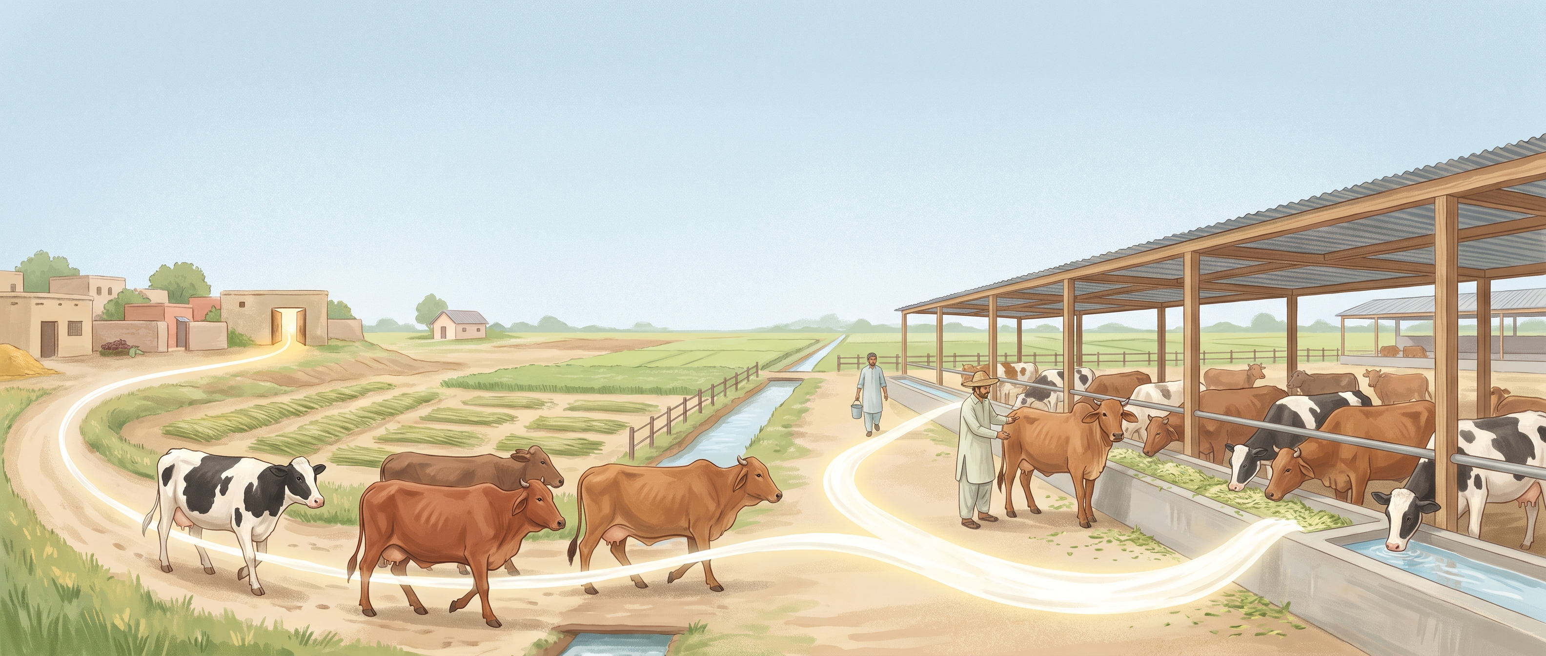 Cows from several families walk in and become one managed herd under an open shed; the ribbon splits, one branch returning to the village