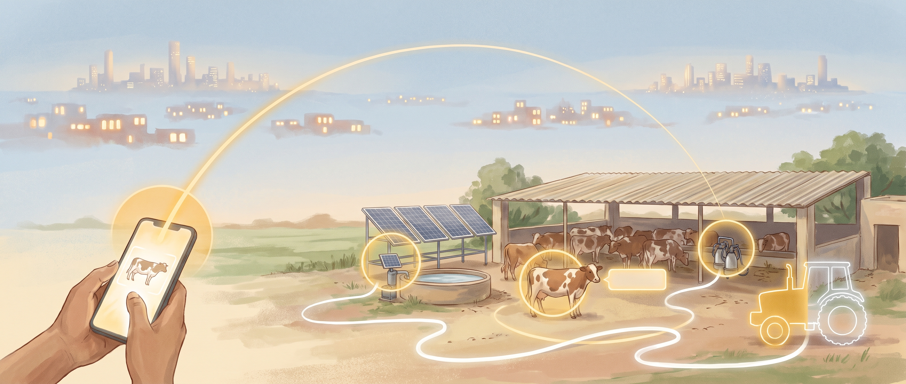 A contribution travels as a circle of light from a phone across a world horizon and lands on one specific animal and on farm equipment