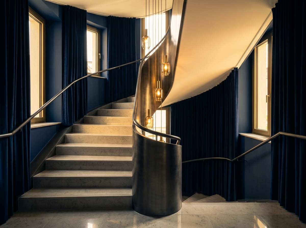 Gepflegtes Treppenhaus mit eleganter Beleuchtung