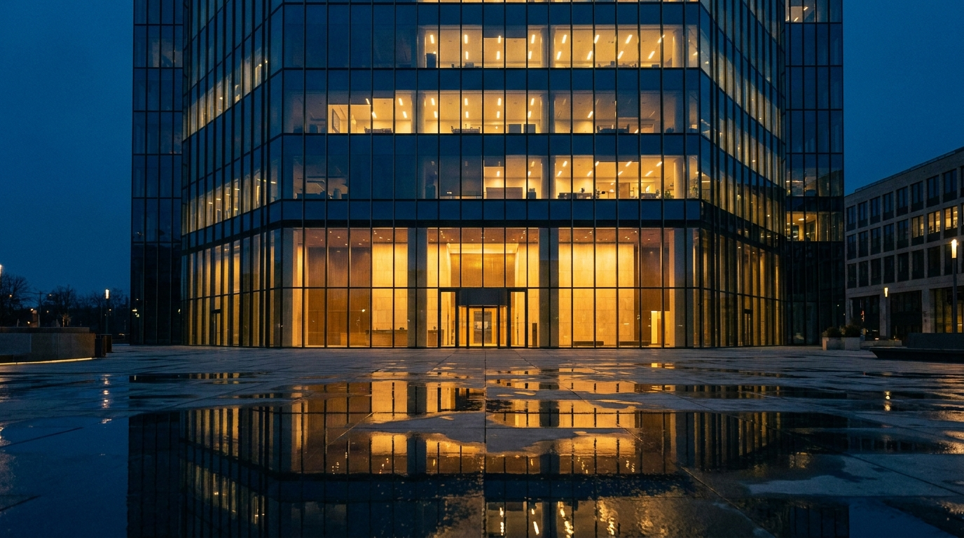 Moderne Glasfassade eines Bürogebäudes zur blauen Stunde