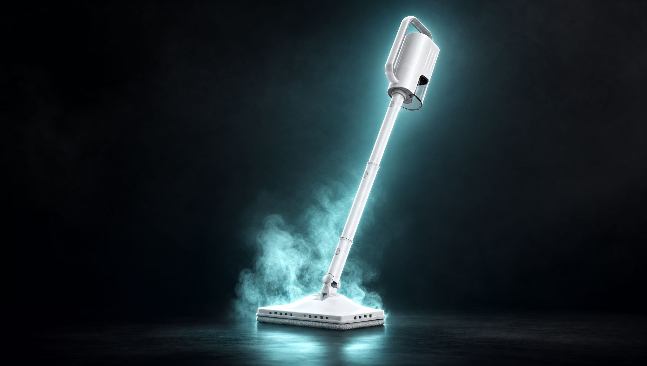 MALLIENA steam machine with glowing steam in a dark studio