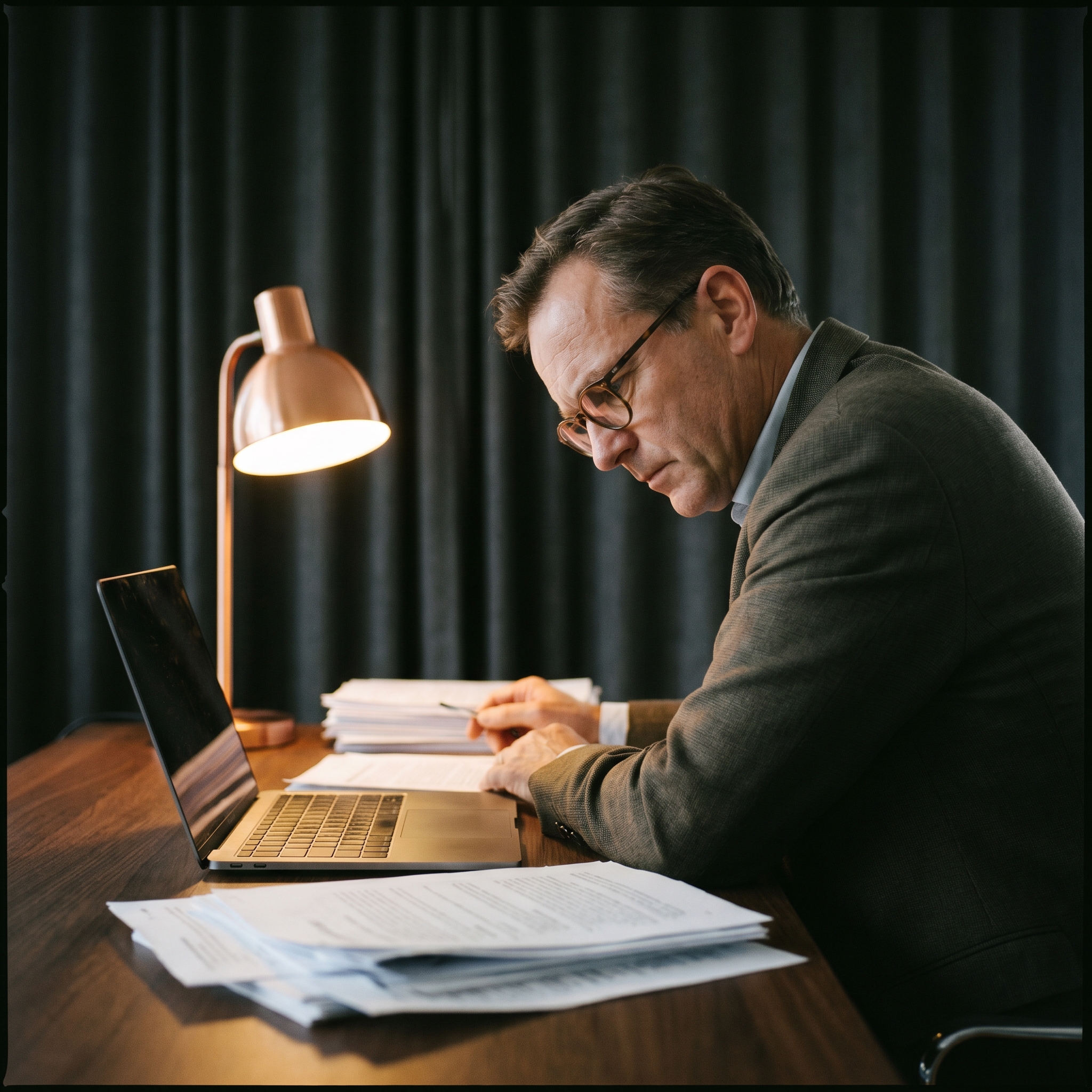 A compliance lead reviewing supplier documents late at the office