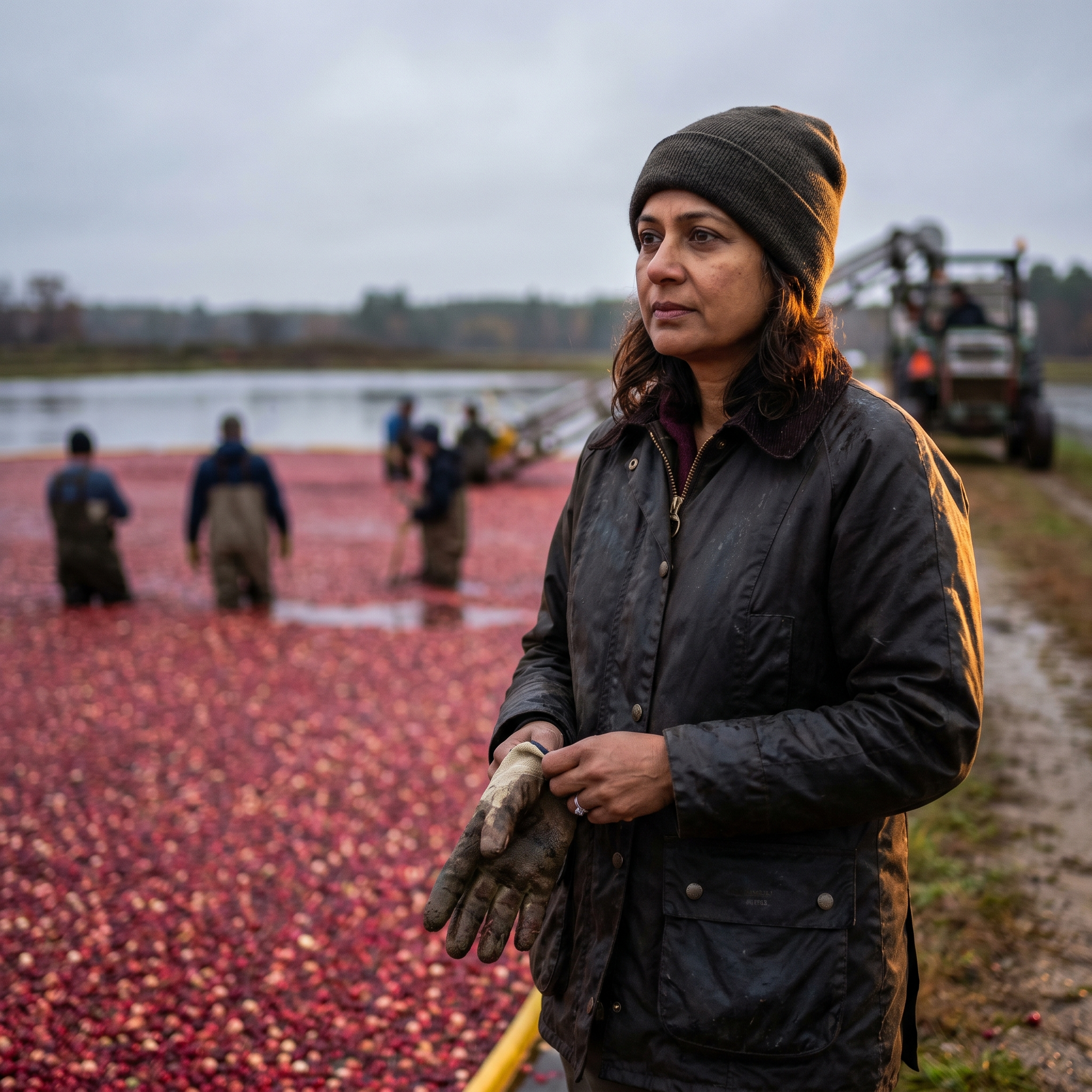 Sustainability director at a cranberry harvest, farm workers in the bog behind her