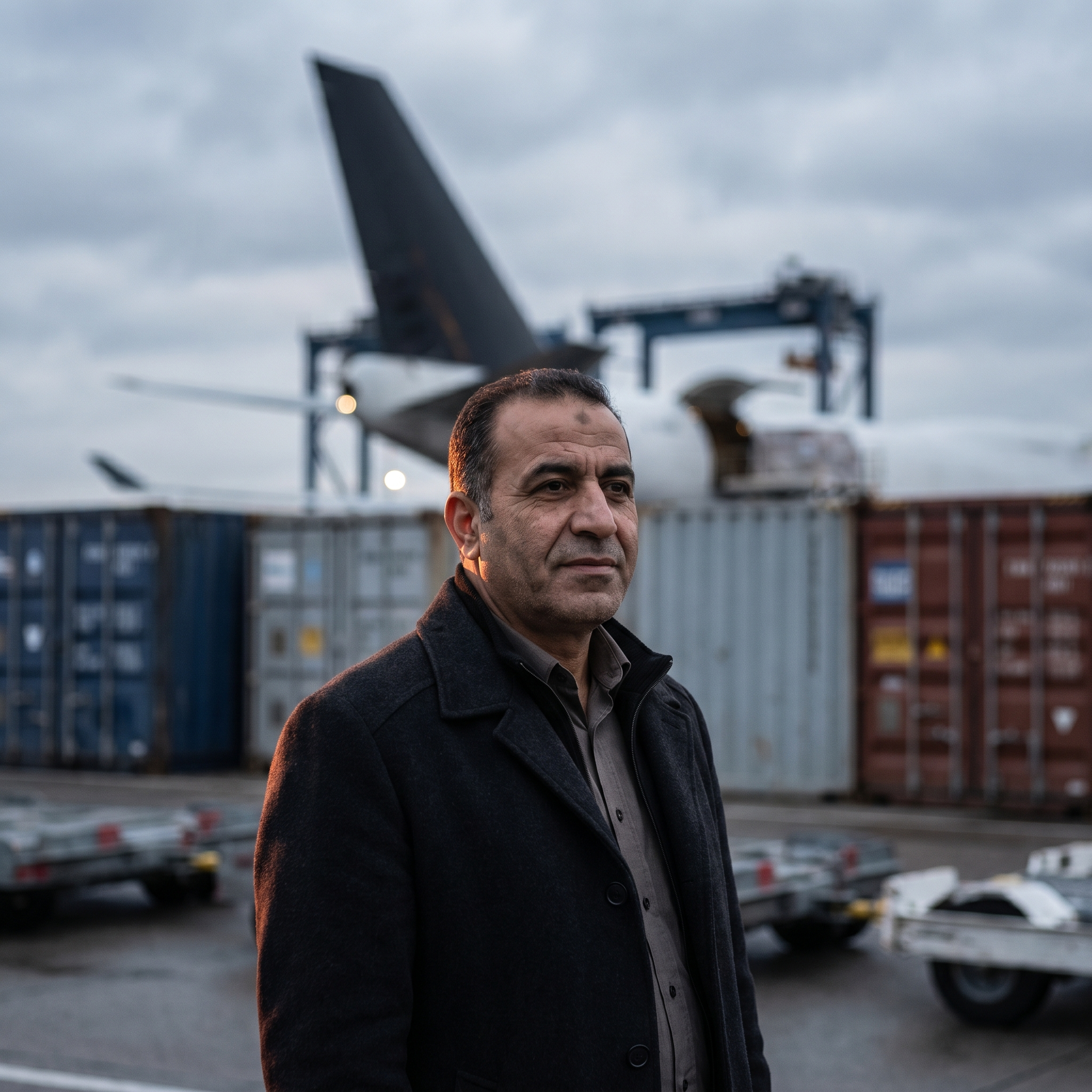 Trade-compliance director on the air-cargo apron, freighter loading behind him