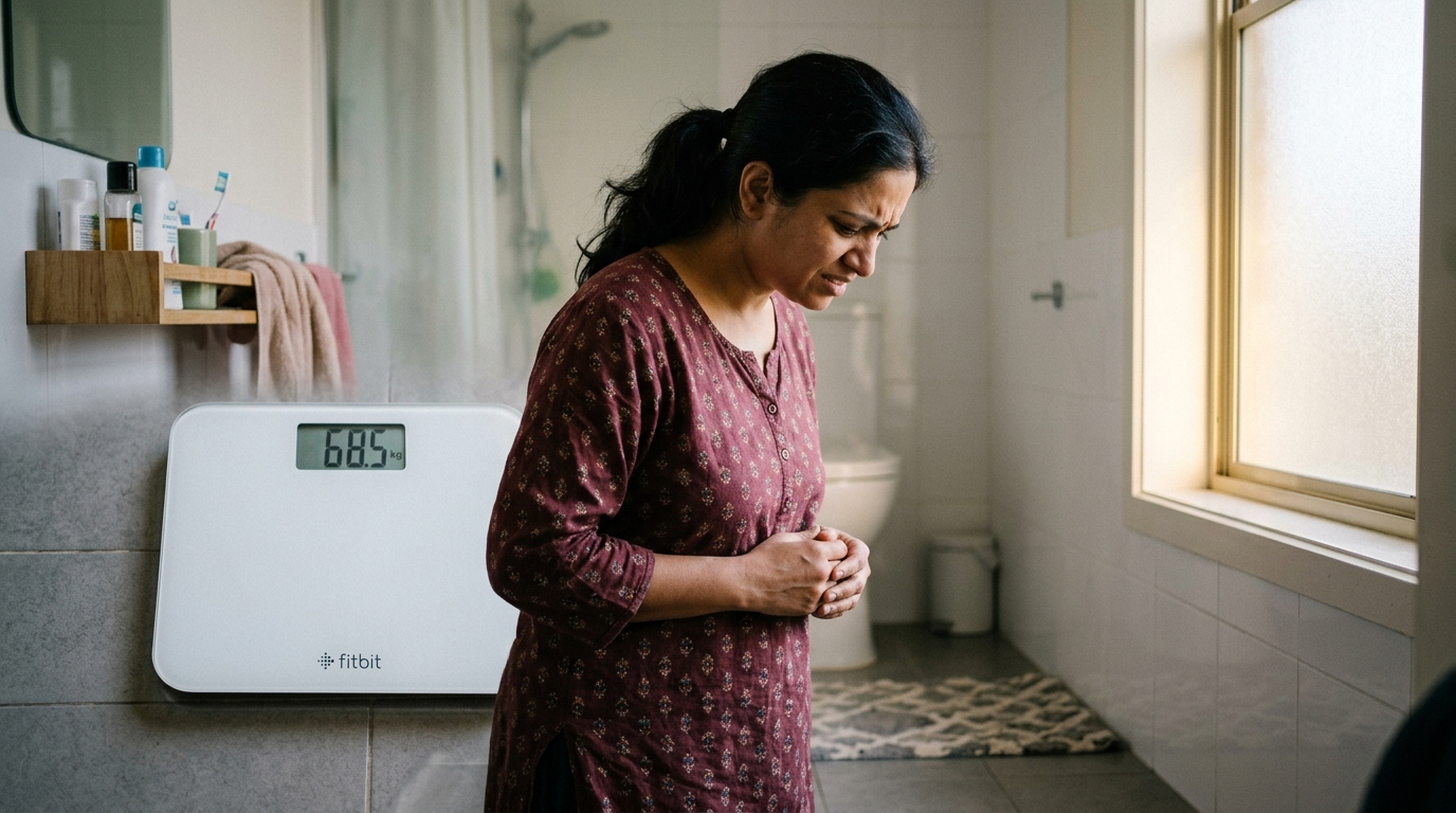 Indian woman standing on a bathroom scale in the morning looking puzzled and frustrated that the number has not moved despite dieting