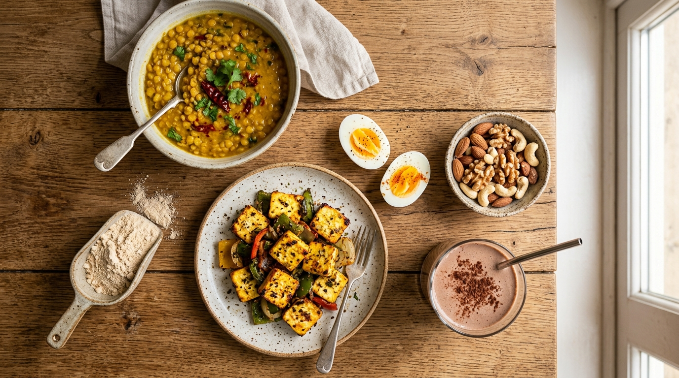 Dal, grilled paneer, boiled eggs, nuts, and a protein shake arranged on a table, the high-protein foods most Indian diets fall short on during weight loss