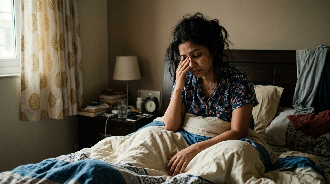 Indian woman sitting up in bed rubbing her eyes, tired and groggy after a poor night of sleep, the hidden reason behind disrupted hunger hormones and insulin sensitivity