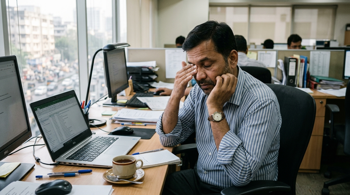 Indian man tired at his office desk in the afternoon, rubbing his eyes, a common but easily dismissed fatigue pattern associated with fatty liver disease
