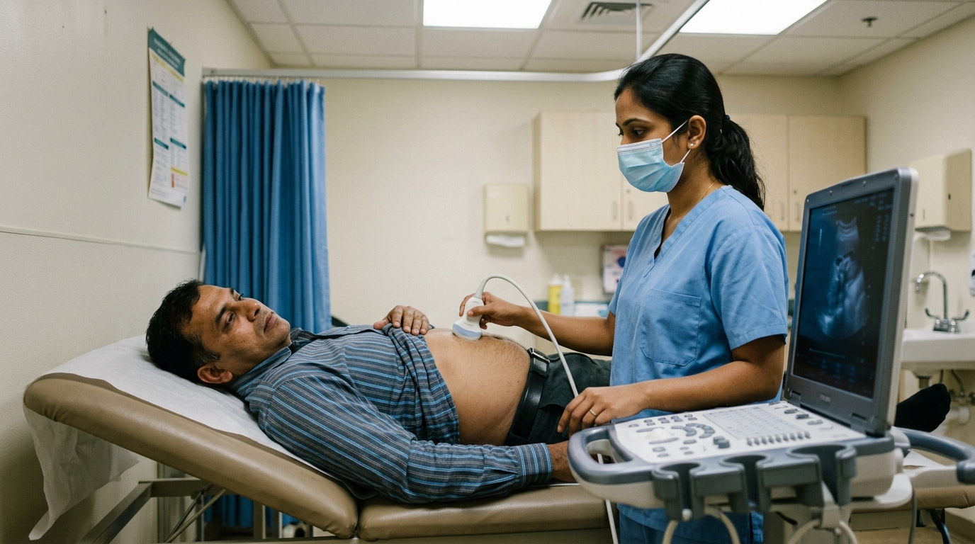 Indian patient undergoing an abdominal ultrasound scan at a clinic, the standard first-line test used to diagnose fatty liver disease