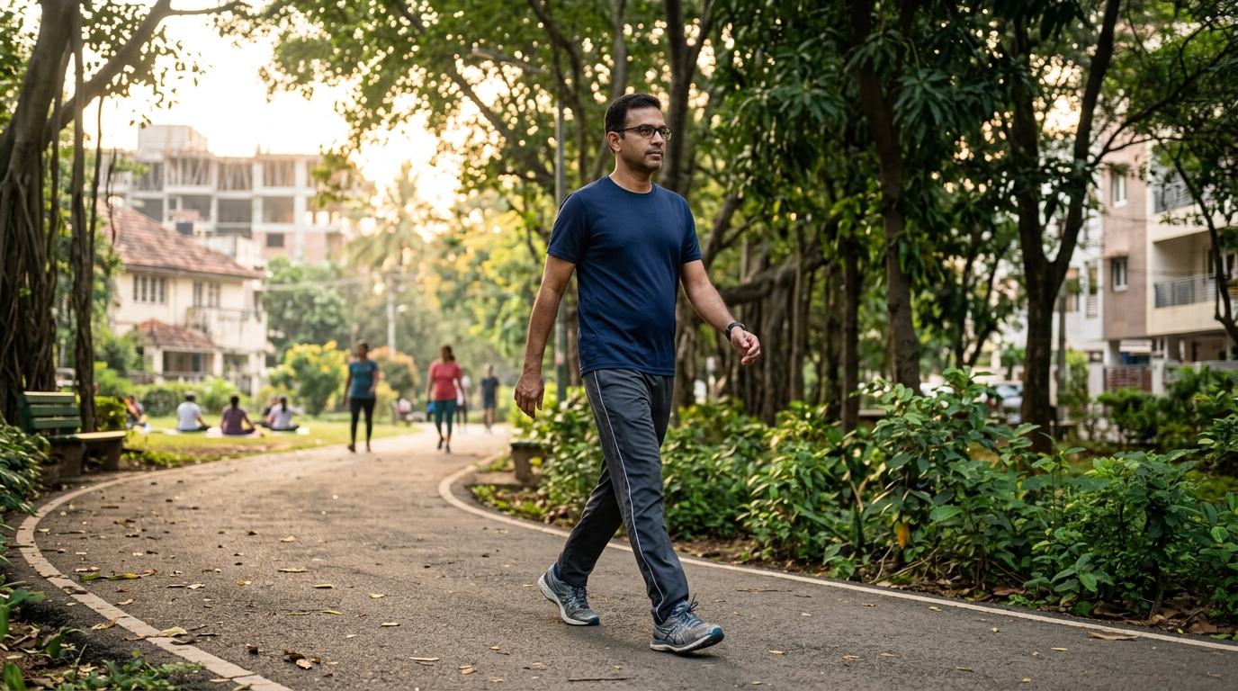 Indian man taking a brisk morning walk in a park, regular physical activity that has documented benefits for liver fat reduction
